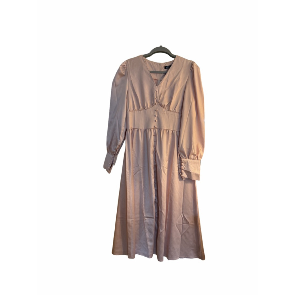 New Light Pink Satin Puff Long Lantern Sleeve Vintage Look Maxi Dress M